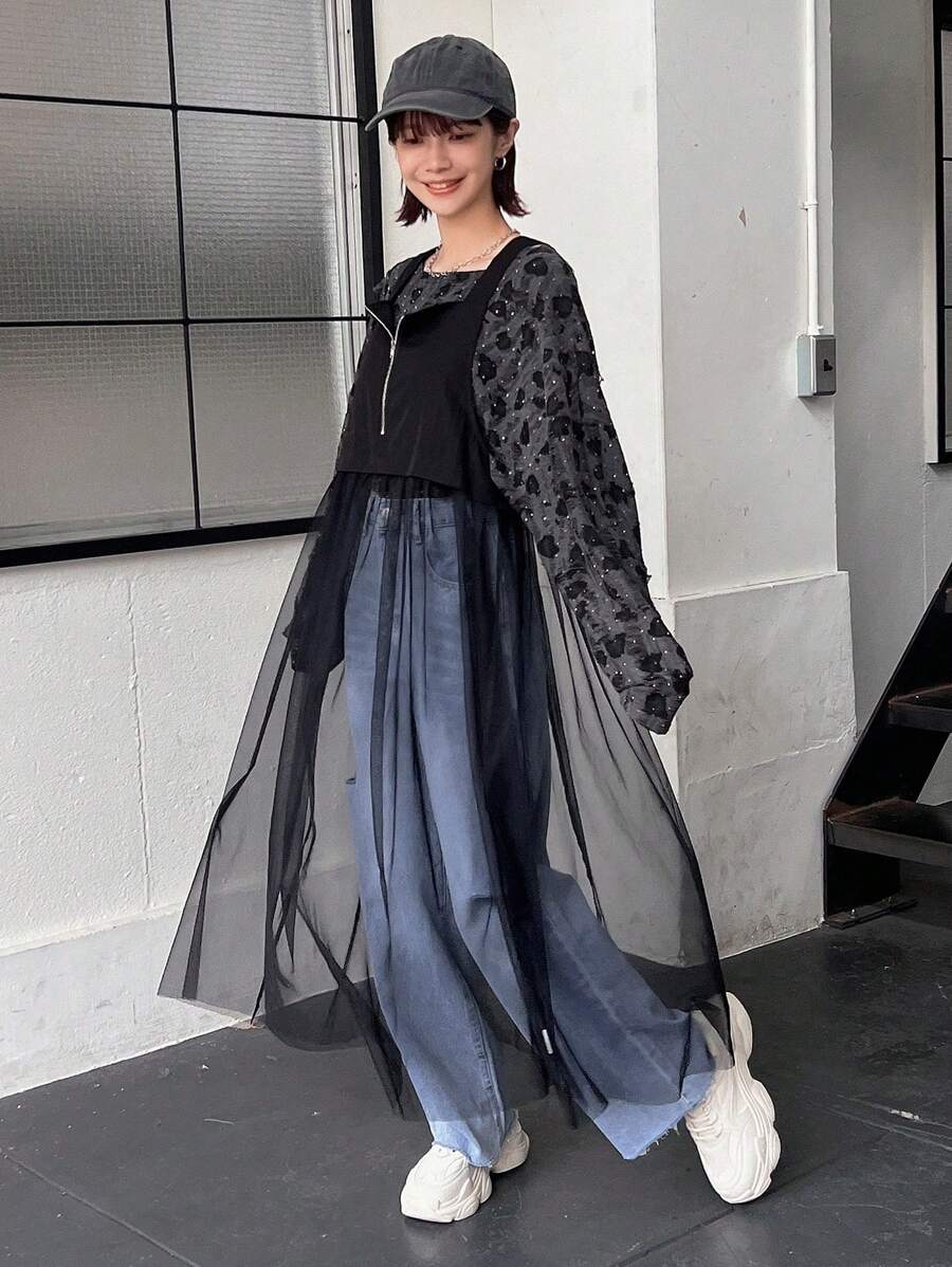 FRIFUL 女式纯色网眼撞色拉链无袖夏季连衣裙 - 黑色 - 查看 1