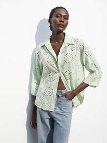 Maija Women's Casual Solid Color Hollow Out Embroidery Blouse, Spring Summer - Green - View 2