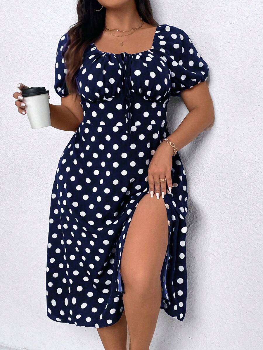 SHEIN Clasi Váy ngắn tay in họa tiết chấm bi cỡ lớn dành cho nữ - Màu xanh hải quân - Xem 1