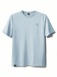 Manfinity BRENVOR Camiseta de manga corta y cuello redondo, ligera y transpirable, con estampado de palmeras, ideal para playa y vacaciones, edición de Día del Padre, Día de la Madre, vacaciones de verano - Azul - Ver 3