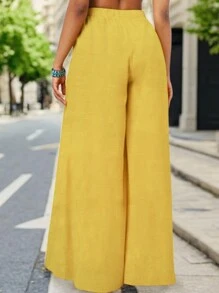 Women's Fashionable, Casual & Elegant Wide-Leg Pants Made Of Coarse Fabric, High-Waisted With Elastic Waistband And Side Straps, Suitable For Spring/Summer - Yellow - View 2