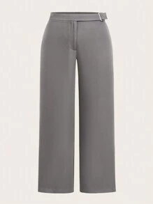 SHEIN Privé Pantalones grises cómodos y elegantes de uso diario y para citas con decoración de hebilla metálica para mujeres de talla grande - Gris - Ver 5