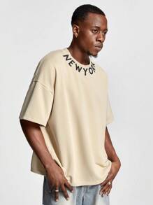 Manfinity VCAY Men's Loose Fit Round Neck English Print Short Sleeve T-Shirt, Suitable For Summer - Khaki - View 5