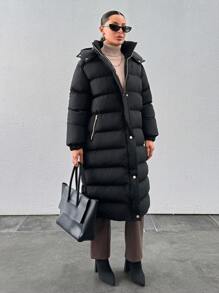 RueChic Women's Hooded Gold Snap Button Padded Winter Puffer Long Down Coat - Black - View 5