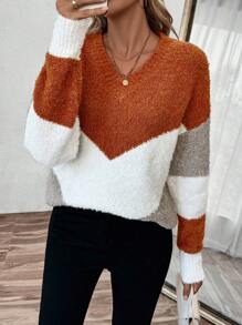 SHEIN LUNE Suéter casual de manga larga de punto con contraste de color para mujeres - Multicolor - Ver 3