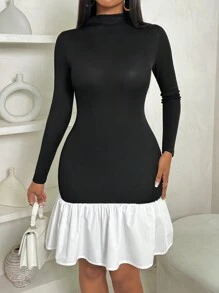 VaVaBold 女式拼色简约休闲半高领长袖迷你连衣裙 - 黑色 - 查看 1