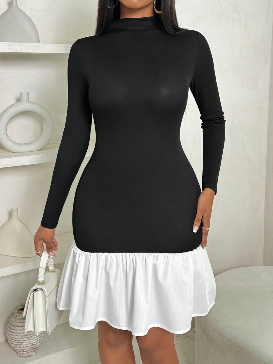 VaVaBold 女式拼色简约休闲半高领长袖迷你连衣裙 - 黑色 - 查看 1