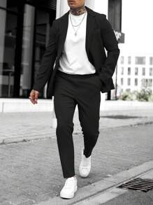 Manfinity Mode Men 1pc Shawl Collar Single Button Blazer & 1pc Suit Pants - Black - View 7