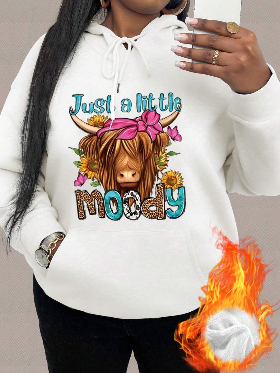 Calvaya Plus Size Cartoon Cow & Letter Printed Hooded Sweatshirt With Drawstring, Long Sleeve, Pocket, Daily Loose Fit Pullover Fall Outfit