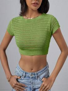 SHEIN Unity 女士圆领短袖镂空设计休闲针织上衣 - 綠色 - 查看 3