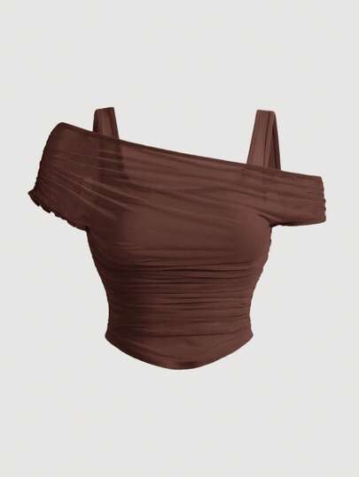 SHEIN MOD Blusa de malla transparente de hombros descubiertos y color nude en talla grande, para verano