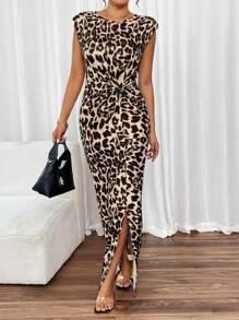 Siren Gaze 女式夏季豹紋印花扭結短袖圓領長款休閒連衣裙，側開叉設計 - 彩色 - 查看 6