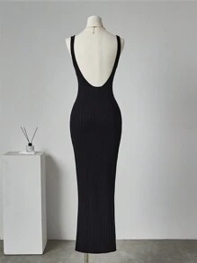 SHEIN Unity 女士 V 领露背纯色休闲连衣裙 - 黑色 - 查看 2