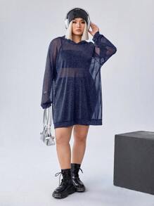 SHEIN EZwear CURVE Áo hoodie dài tay thường ngày Y2K cỡ lớn cho nữ mặc thường ngày - Xanh đậm - Xem 6