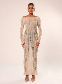 MUSERA 做旧针织长袖连衣裙 夏季度假春季沙滩长裙 - 卡其色 - 查看 1