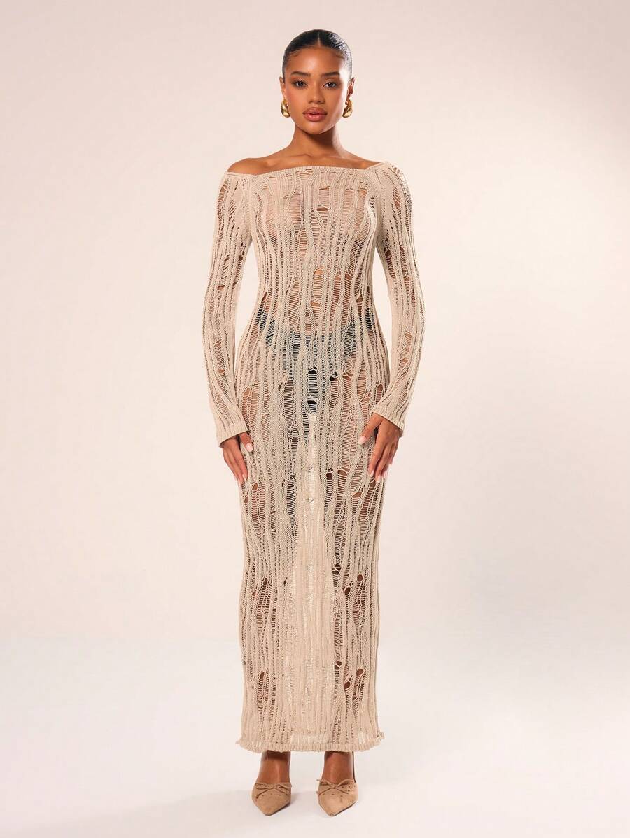 MUSERA 做旧针织长袖连衣裙 夏季度假春季沙滩长裙 - 卡其色 - 查看 1