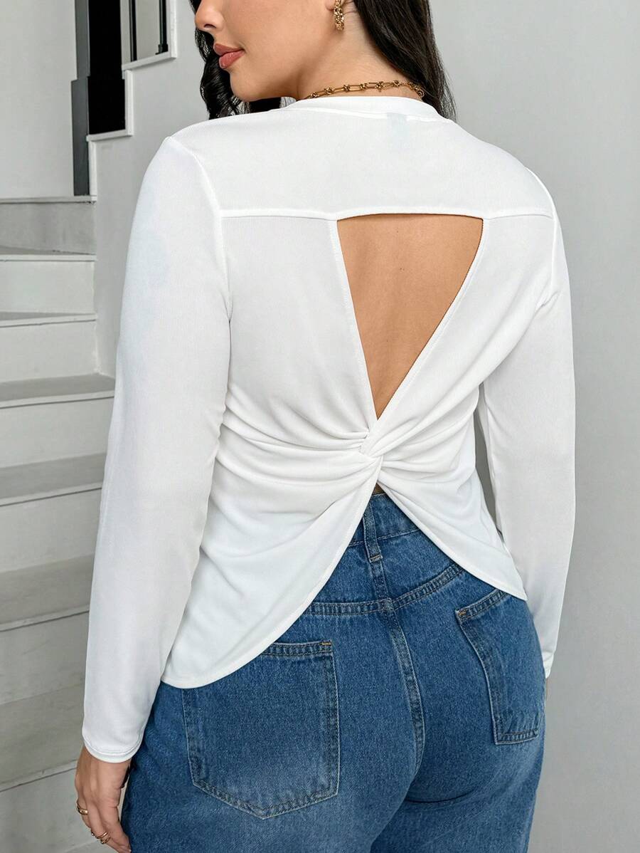 SHEIN Essnce 大码女式夏秋季休闲紧身后背镂空白色长袖 T 恤、可爱上衣、秋季女装、曲线加大码、返校、秋装、巡航女装、长袖上衣、白色上衣、性感上衣 - 白色 - 查看 1