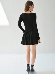 Enchnt Women's Romantic Fall Holiday Square Neck Long Sleeve Fitted Elegant Charming Sweet Cute Black Dress - Black - View 2