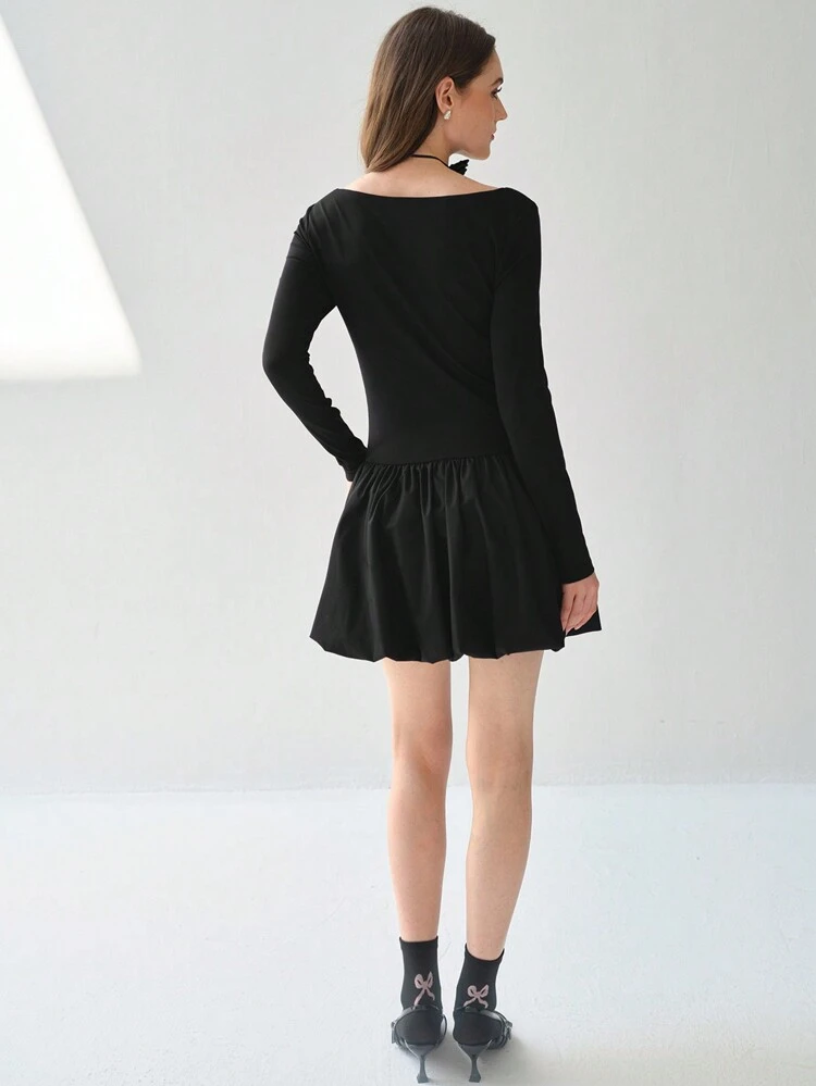 Women's Romantic Fall Holiday Square Neck Long Sleeve Fitted Elegant Charming Sweet Cute Black Dress