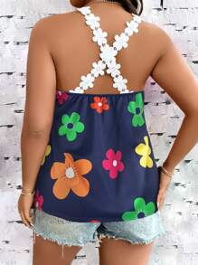 SHEIN LUNE Plus Floral Print Appliques Tank Top - Royal Blue - View 2