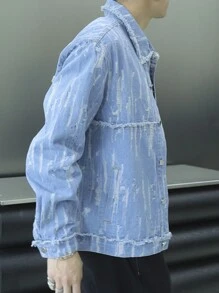 Manfinity Roghcode Áo khoác denim tay dài sờn họa tiết nút nam, trang phục dạo phố thời trang - Màu xanh lam - Xem 3