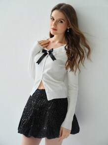 Enchnt Elegant White And 's Cardigan,Peter Pan Collar Lace Bow Sweater,Autumn Christmas Sweaters For Tea Party, Cardigans For Dates - White - View 5