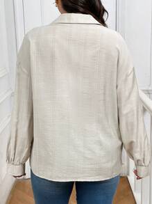 SHEIN Frenchy Plus Size Textured Long Sleeve Button Down Shirt For Women - Beige - View 2