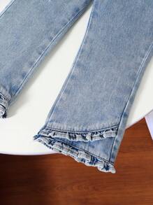 Girls' Cute Embroidered Floral Bear Denim Jacket And Ruffle Hem Pants Set, Autumn/Winter - Medium Wash - View 4