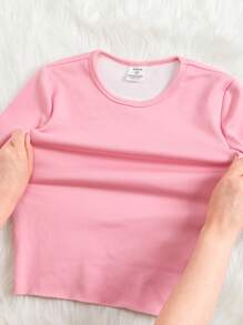 SHEIN 2pcs Tween Girl Simple Comfortable High Elastic Long Sleeve Sleepwear Set - Dusty Pink - View 5