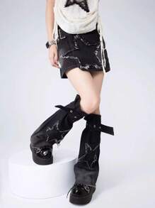 ROMWE Goth 1 Pair Black Five-Pointed Star Leg Warmers For Women - Black - View 3