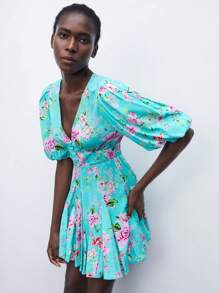 Maija Elegant Floral All-Over Print Lace Trim Deep V-Neck Teal Mini Dress For Women, Spring/Summer - Blue - View 7