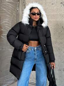 EURMUSE Long Padded Coat With Hoodie And Big Pocket - Black - View 8