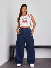 SHEIN ICON Plus Size Women's Basic Solid Color Casual Jeans - Dark Wash - View 5