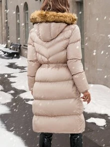 RueChic Women's Faux Fur Hooded Drawstring Waist Elegance Puffer Winter Coat Clothes - Beige - View 2