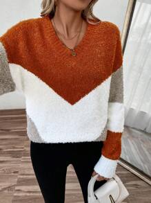 SHEIN LUNE Suéter casual de manga larga de punto con contraste de color para mujeres - Multicolor - Ver 5