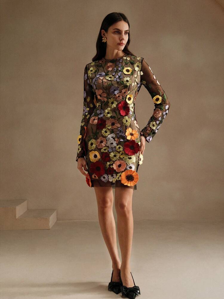 Women's Black 3D Floral Long Sleeve Dress