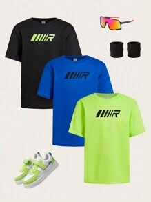 SHEIN 青少年男孩3入組造型休閒圓領短袖針織T恤，每個款式均有3種顏色，針織套裝