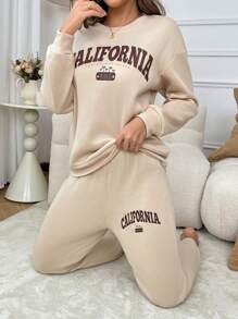 Women's Letter Print Crew Neck Sweatshirt And Pants Casual Loungewear Set Outfit - Apricot - View 3