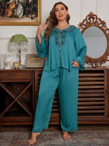 PalaceNights Heart Embroidery Ruffled Collar Front Open Long Sleeve Pajama Set Plus Size