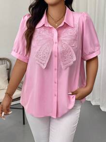 SHEIN Unity Plus Size Summer Casual Puff Sleeve Shirt With Bow Decoration - Pink - View 5