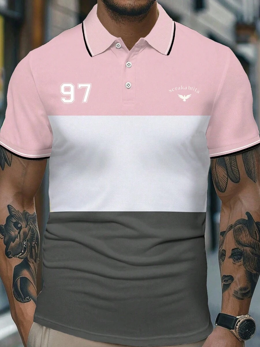 Manfinity Homme 加大尺碼男士夏季字母印花條紋短袖休閒Polo衫，適用於上班族 - 彩色 - 查看 1