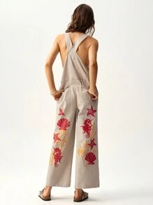 Bohemela Vacation Women Round Neck Sleeveless Loose Fashion Marine Life Print Jumpsuit - Beige - View 8
