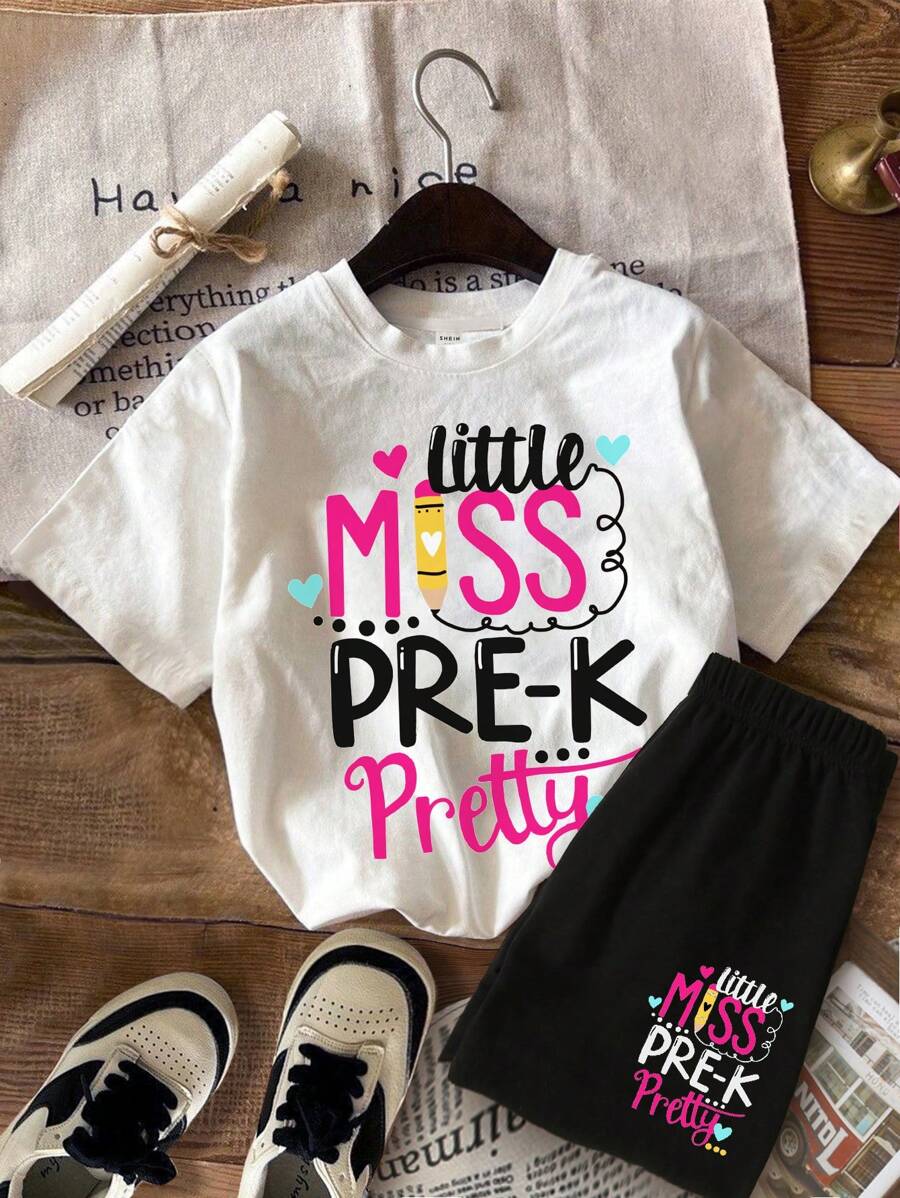SHEIN Leap Crew 2pcs/Set Young Girl Casual Minimalist "Little Miss Pre-K Pretty" Print Round Neck Short Sleeve Top And Shorts Set, Cotton Blend, Suitable For Summer - Multicolor - View 1