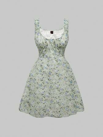 Fairycore Robe Mori Girl à fleurs ditsy avec patchwork en dentelle à volants, nœud papillon devant, coupe évasée sans manches, pour le printemps et l'été