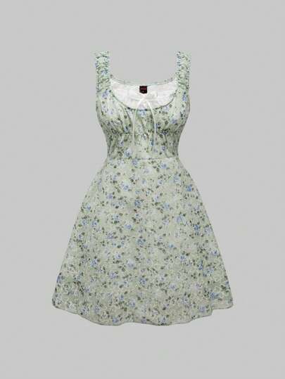 Fairycore Vestido de niña Mori con estampado floral diminuto, diseño con parche de encaje con volantes y lazo delantero, línea A sin mangas, para primavera y verano