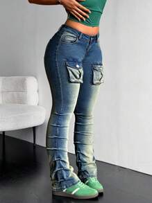 SHEIN ICON Women's Faded Simple Casual Pocket Jeans - Blue - View 7