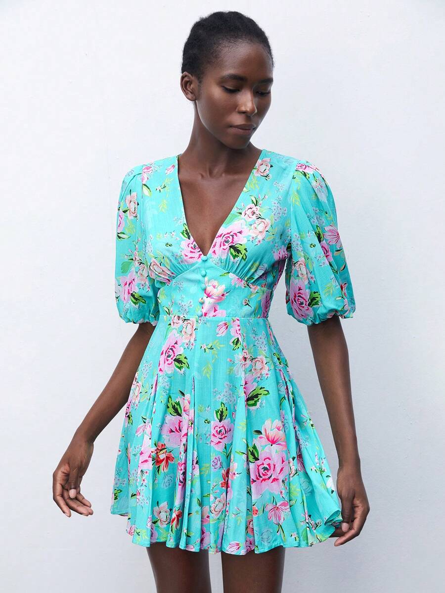 Maija Elegant Floral All-Over Print Lace Trim Deep V-Neck Teal Mini Dress For Women, Spring/Summer - Blue - View 1