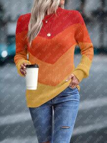 SHEIN LUNE Suéter casual de cuello redondo de manga larga de bloques de color para mujeres - Multicolor - Ver 5