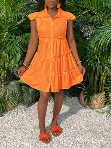 Slaydiva 休闲度假木耳短袖迷你黄色A字下摆短裙衬衫裙女装连衣裙 - 橘色 - 查看 7