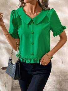 SHEIN Clasi 优雅女士 V 领荷叶边衬衫、短袖上衣 - 綠色 - 查看 6